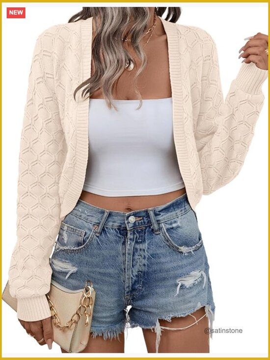 Sweaters - Cropped Cardigan Bolero Shrug Knit Open Front Long Sleeve Sweater